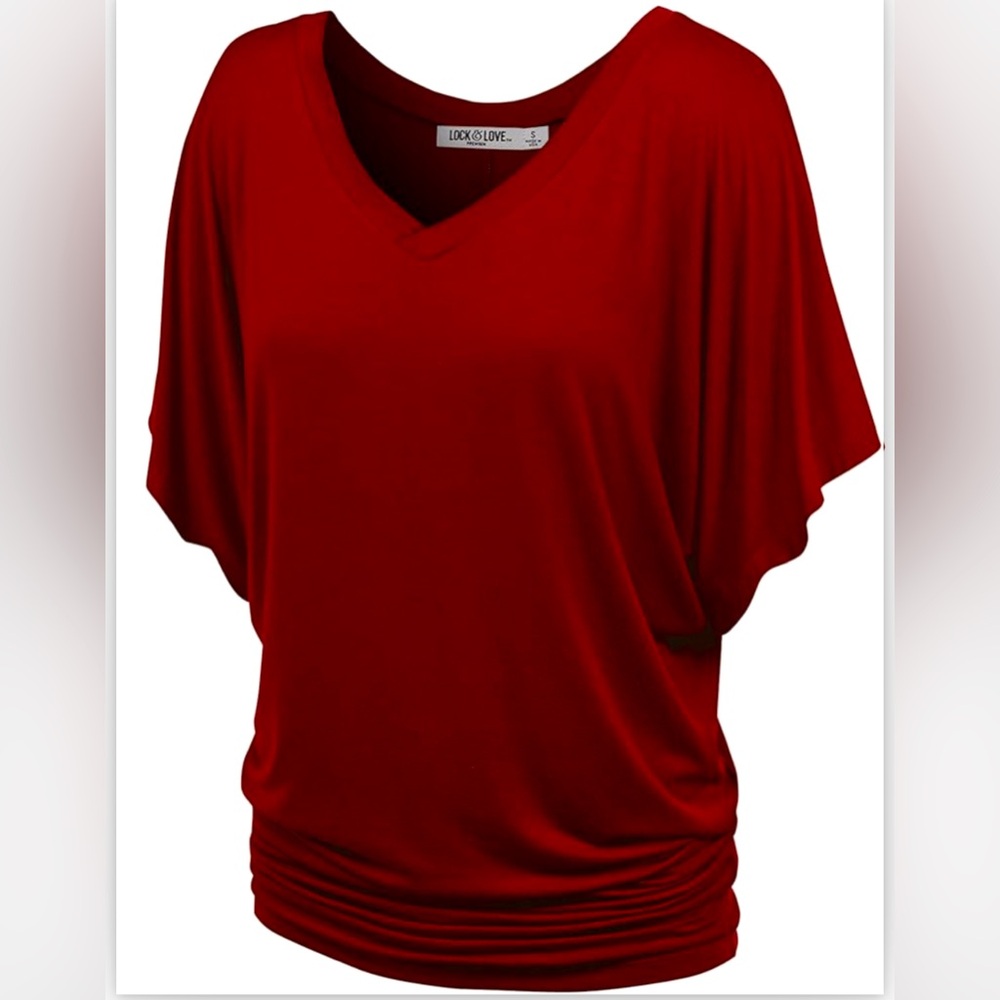Lock and Love Women's Solid Short Sleeve Boat Crew Neck V Neck Dolman Top, M